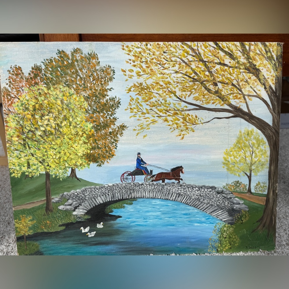 Vintage Charming Autumn Bridge oil painting 16” X 20”